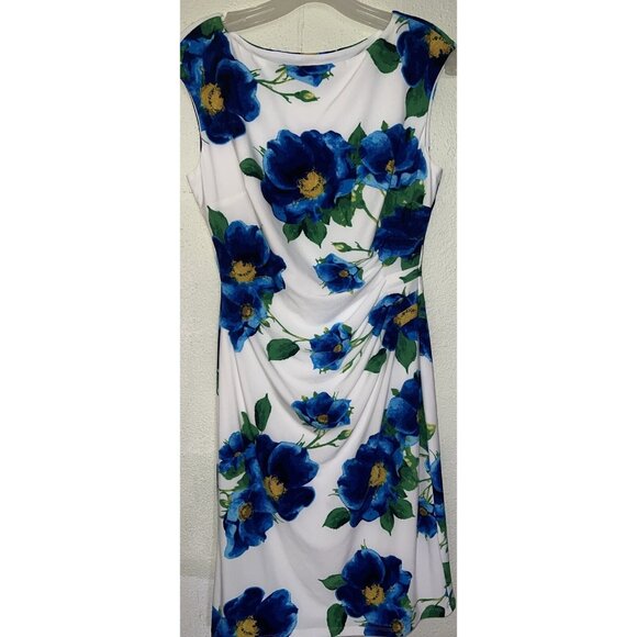 Ralph Lauren Size 8 Women's Floral Print Mini Dress White Blue Ruched Stretch - Picture 1 of 14